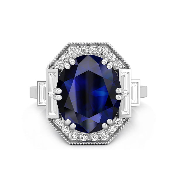 Gorgeous Sapphire Blue Oval With Baguette And Round Cut CZ Stone Art Deco Ring