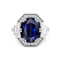 Gorgeous Sapphire Blue Oval With Baguette And Round Cut CZ Stone Art Deco Ring