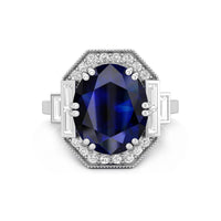 Gorgeous Sapphire Blue Oval With Baguette And Round Cut CZ Stone Art Deco Ring (5 2/3 TCW)
