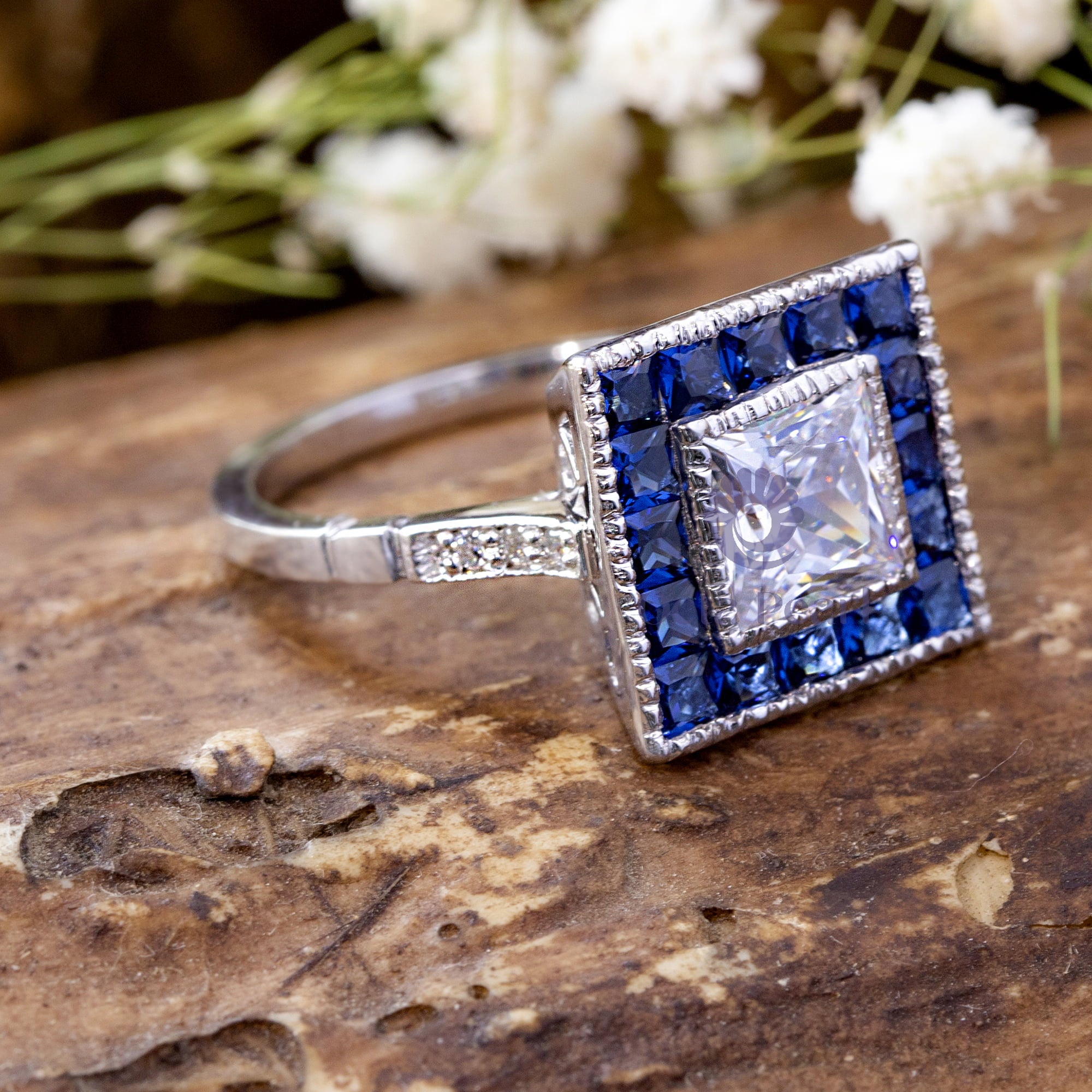 Princess CZ Blue Sapphire Halo Art Deco Victorian Engagement Ring