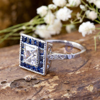 Princess Cut CZ Stone Blue Sapphire Halo Art Deco Style Antique Victorian Vintage