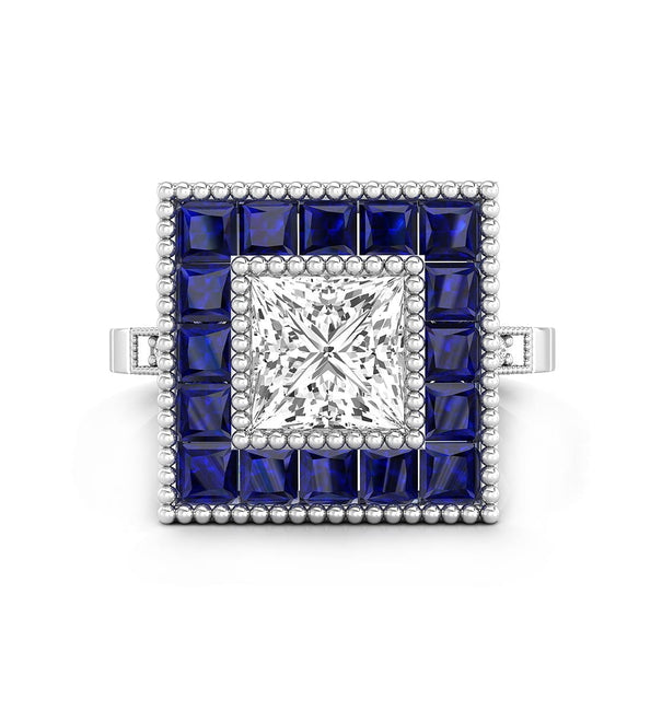 Princess Cut CZ Stone Blue Sapphire Halo Art Deco Style Antique Victorian Vintage Engagement Ring