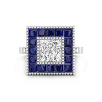 Princess CZ Stone Blue Sapphire Halo Art Deco Style Victorian Vintage Engagement Ring