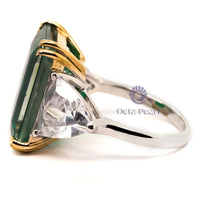 Green Emerald With Trillion Cut White CZ Three Stone Cocktail Ring For Wedding