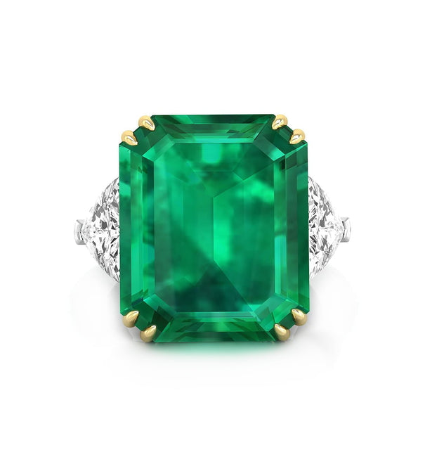 Green Emerald With Trillion Cut White CZ Three Stone Cocktail Ring For Wedding