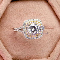 Two Tone Double Halo Round Cut Pink & White CZ Stone Split Shank Women's Wedding Ring ( 2 2/7 TCW)