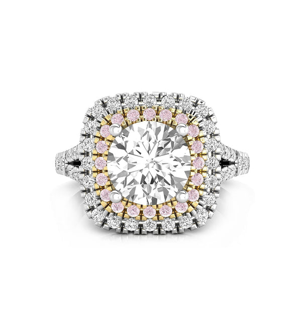 Two Tone Double Halo Round Cut Pink & White CZ Stone Split Shank Women's Wedding Ring ( 2 2/7 TCW)