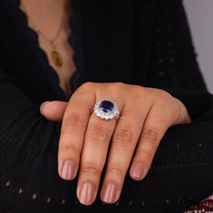 Purple Cushion Halo CZ Ring – Silver Statement Cocktail Jewelry - alternate view
