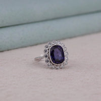 Vintage Inspired Cushion Cut Ring, Blue Cushion Cut CZ Bridal Jewelry For Bride, Stunning Halo Ring With Blue Sapphire Cushion CZ