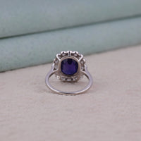 Vintage Inspired Art Deco Halo Bridal Jewelry, Cushion Cut Blue CZ Promise Ring With Halo, Elegant Sapphire Blue Halo Engagement Ring For Women