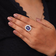 Purple Cushion Halo CZ Ring – Silver Statement Cocktail Jewelry