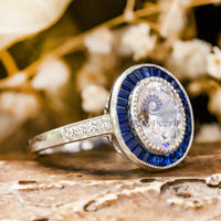 Oval Cut CZ Stone Milgrain Vintage Inspired Blue Sapphire Halo Engagement Ring For Women