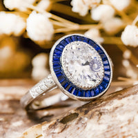 Oval Cut CZ Stone Milgrain Vintage Inspired Blue Sapphire Halo Engagement Ring For Women