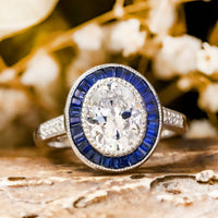 Oval Cut CZ Stone Milgrain Vintage Inspired Blue Sapphire Halo Engagement Ring For Women