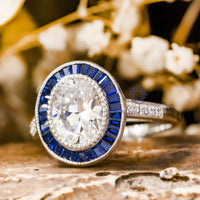 Oval Cut CZ Stone Milgrain Vintage Inspired Blue Sapphire Halo Engagement Ring For Women