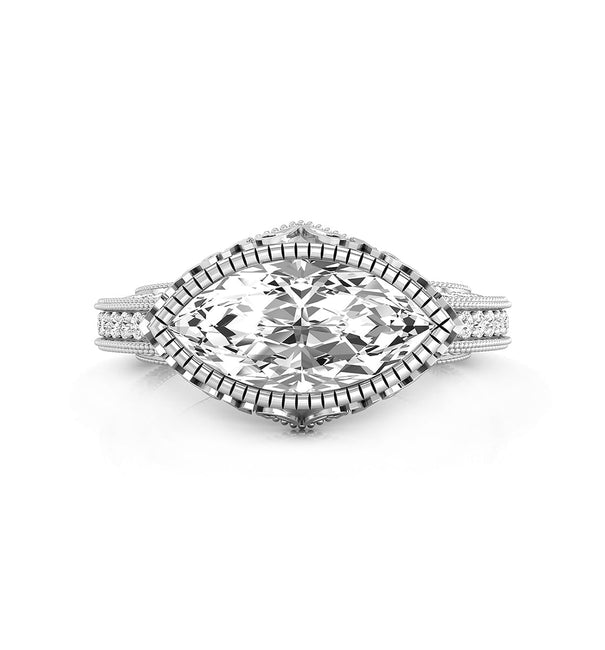 Bezel Set Marquise Cut Moissanite Milgrain Art Deco Engagement Wedding Ring