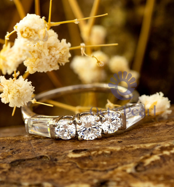 Five Stone Wedding Ring Round & Baguette CZ