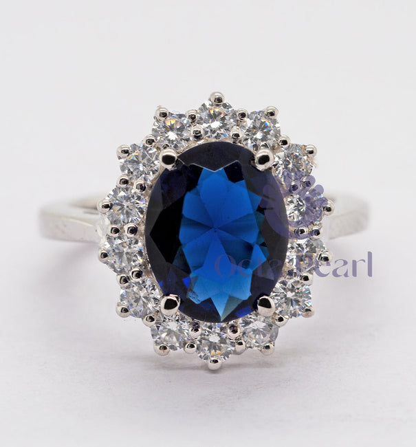 Blue Oval-Cut CZ Wedding Ring With Sunburst Halo