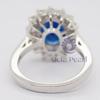 Blue Oval-Cut CZ Wedding Ring With Sunburst Halo