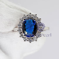 Blue Oval-Cut CZ Wedding Ring With Sunburst Halo