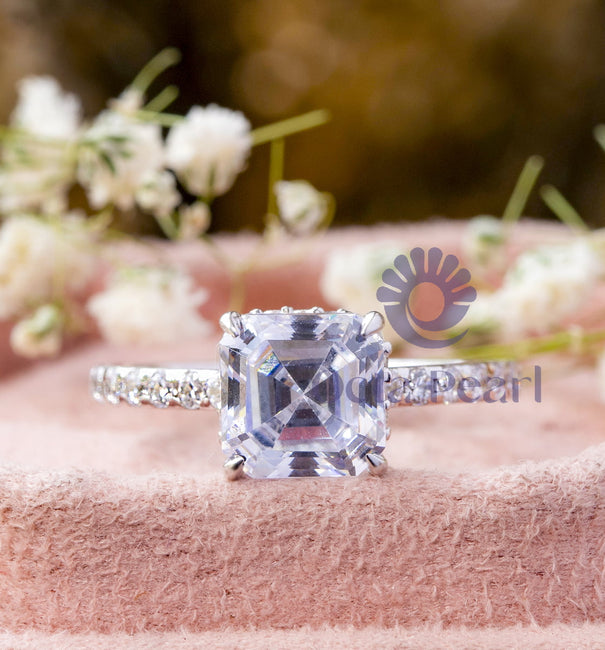 Asscher-Cut Hidden Halo Wedding Ring with Moissanite stones