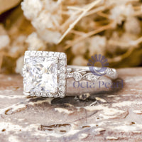 Princess Cut Moissanite Halo Art Deco Wedding Ring