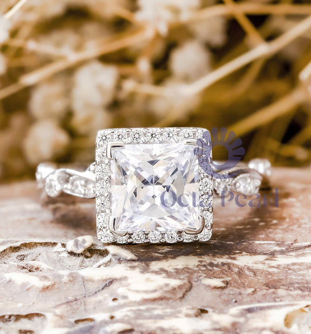 Princess Cut Moissanite Halo Art Deco Wedding Ring