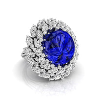 Blue Cabochon Cocktail Ring With CZ Stone Halo For Women