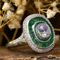 Green CZ Double Halo Vintage-Style Ring