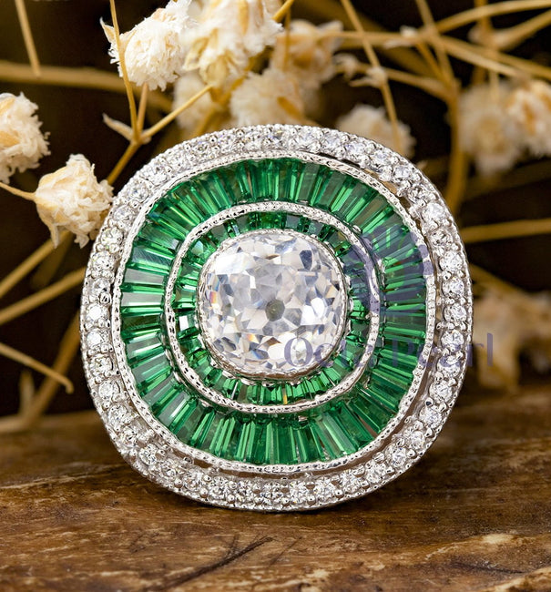 Green CZ Double Halo Vintage-Style Ring