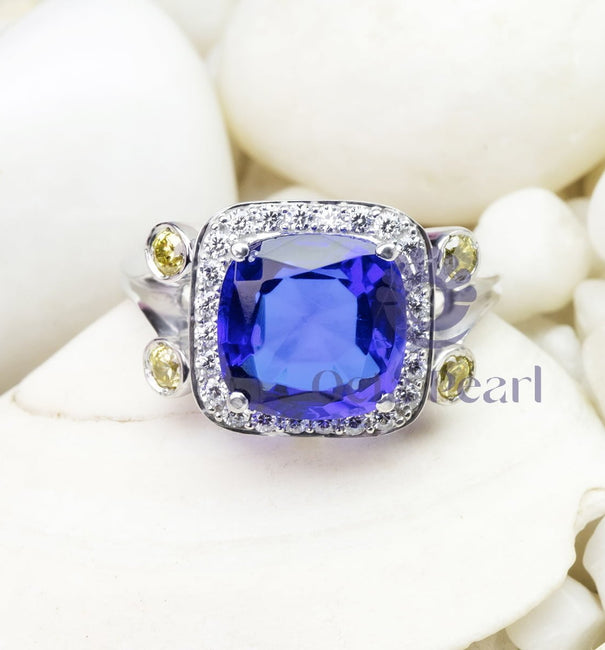 Blue Five Stone CZ Halo Engagement Ring