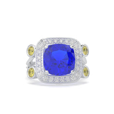 Blue Cushion Cut Five Stone CZ Halo Engagement Ring
