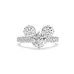 Diamond ring with three circular diamonds on a white background