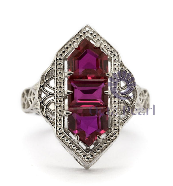 Pink Three Stone Filigree Art-Deco Style Ring