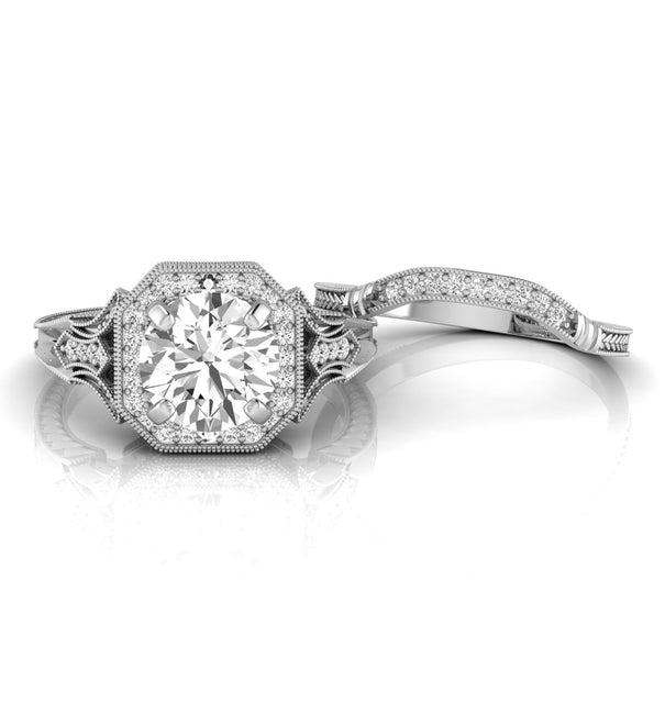 Halo Art deco Round Moissanite Bridal Ring Set