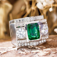 Green Cushion & White Round CZ Three Stone Ring