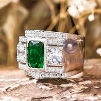 Green Cushion & White Round CZ Three Stone Ring