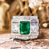 Green Cushion & White Round CZ Three Stone Ring