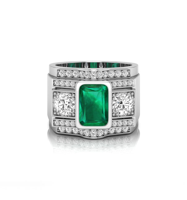 Green Cushion & White Round CZ Three Stone ring