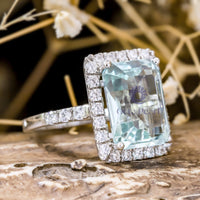 Emerald Cut Aqua-Blue Stone Halo Engagement Ring For Women