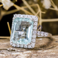 Emerald Cut Aqua-Blue Stone Halo Engagement Ring For Women (7 4/5 TCW)