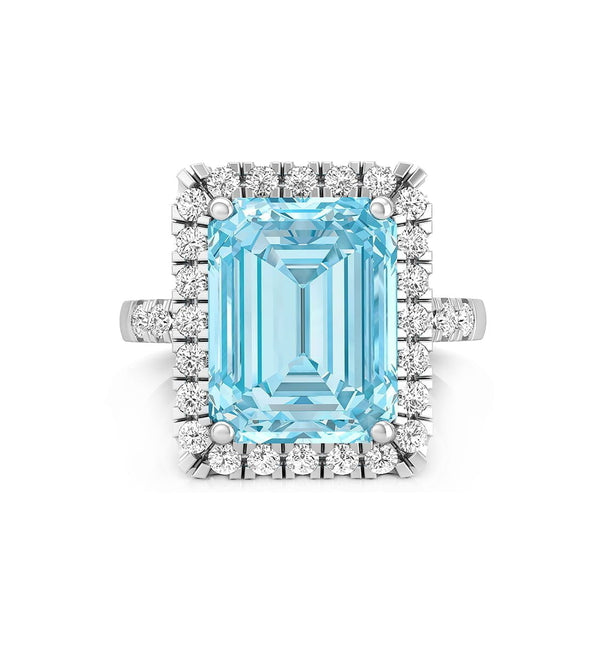 Emerald Cut Aqua-Blue Stone Halo Engagement Ring For Women