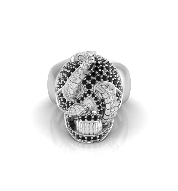 Black & White Round CZ Stone Skull And Snake ring