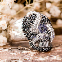 Black & White Round CZ Stone Skull And Snake Ring