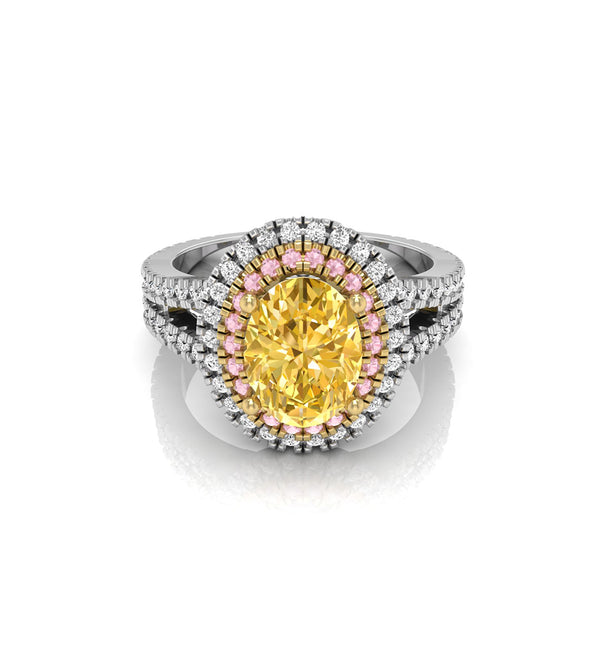 Yellow Oval CZ Stone Double Halo Split Shank Ring