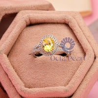 Yellow Oval CZ Stone Double Halo Split Shank Ring