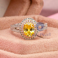 Yellow Oval CZ Stone Double Halo Split Shank Ring