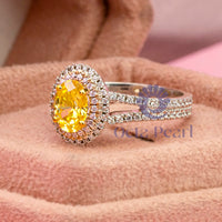 Yellow Oval CZ Stone Double Halo Split Shank Ring