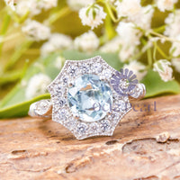 Round CZ Stone Halo Octagon Shape Art Deco Ring