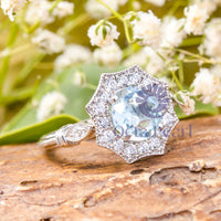 Round CZ Stone Halo Octagon Shape Art Deco Ring